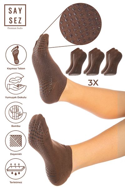 SAYSEZ Bamboo Women - Brown Silicone Pilates Yoga Fitness Booties Socks with Anti-Slip Soles Set of 3