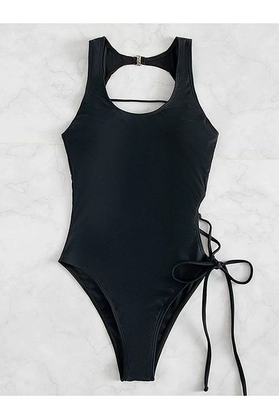 Ladyrosi Rope Detailed Black One Piece Women's Swimsuit