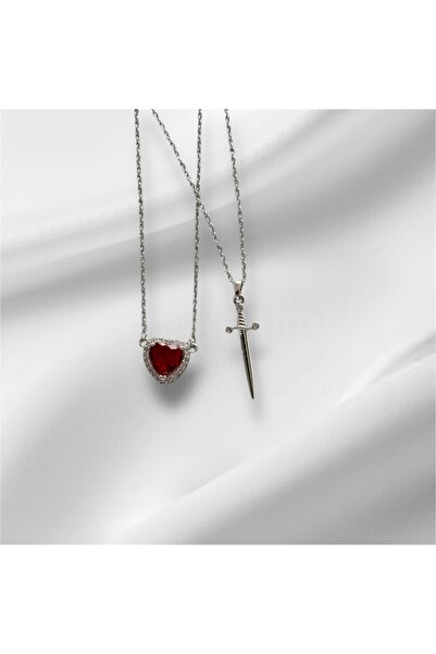 DELLS ACCESSORY Çelik Zincirli Kalp Kılıç Çift Kolyesi 14 Şubat hediyesi