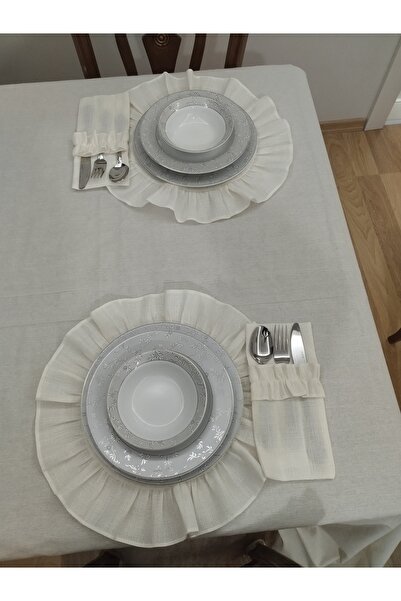 AHSERHOME 2'li Fırfırlı Keten Görünümlü Simli Gardenya Amerikan Servisi Yuvar...