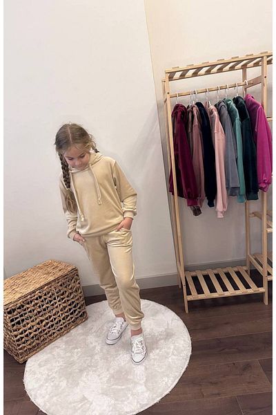 sinmm Girl's Hooded Velvet Fabric 2 Piece Bottom Top Tracksuit Set Beige Color Snm