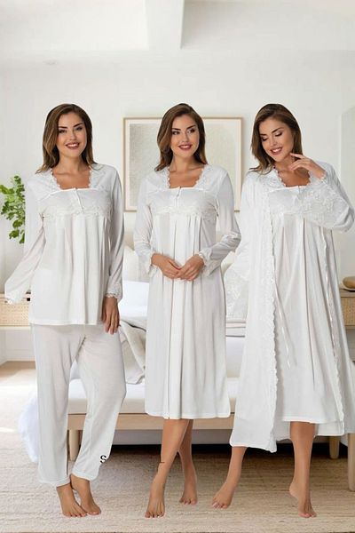 Effortt Elegant Lace Detailed Maternity & Maternity Sleepwear & Dressing Gown Set - Primum 4 Pieces