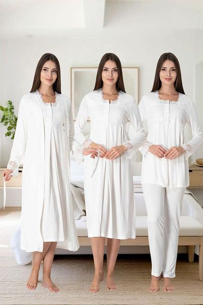 Effortt Elegant Lace Detailed Maternity & Maternity Sleepwear & Dressing Gown Set - Primum 4 Pieces