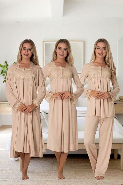 Effortt Elegant Lace Detailed Maternity & Maternity Sleepwear & Dressing Gown Set - Primum 4 Pieces