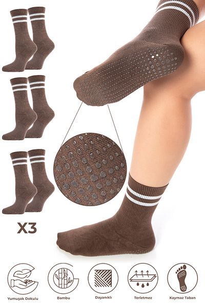 SAYSEZ Bamboo Women - Anti-Slip Sole Silicone Printed Pilates Yoga Fitness Tennis Socks Coffee Set of 3