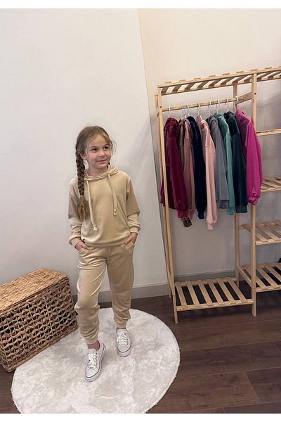 sinmm Girl's Hooded Velvet Fabric 2 Piece Bottom Top Tracksuit Set Beige Color Snm