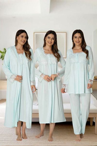 Effortt Elegant Lace Detailed Maternity & Maternity Sleepwear & Dressing Gown Set - Primum 4 Pieces