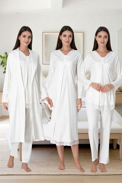 Effortt Primum 4-Piece Maternity Sleepwear and Dressing Gown Set - Lace Detail, Elegant Design
