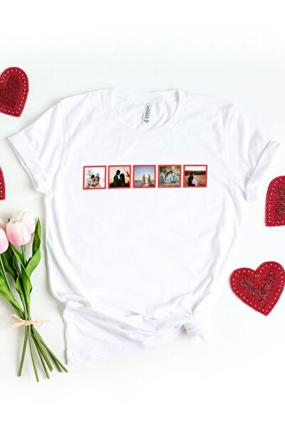 Personalized Photo Printed T-shirt White T-shirt with Small Square Frame with 5 Photos