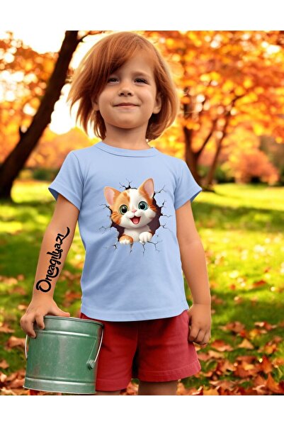oneagılyazı Сладка тениска с принт на котка за момичета с уголемен