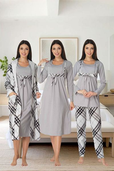 Effortt Elegant Plaid Detailed Maternity and Maternity Pajamas Set - Primum 4-Piece Dressing Gown Set