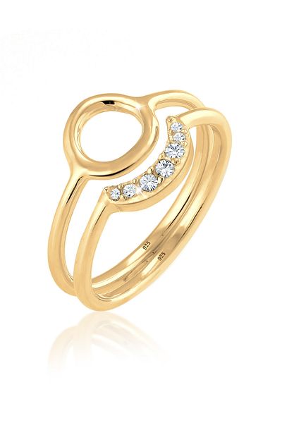 ELLI Ring Ladies Crescent Moon Circle With Crystals In 925 Sterling Silver Gold Plated