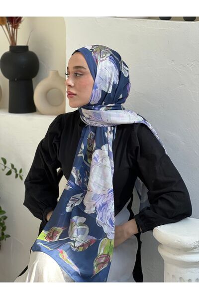 Modakaşmir Şal din bambus cu model Azalea - Albastru de noapte