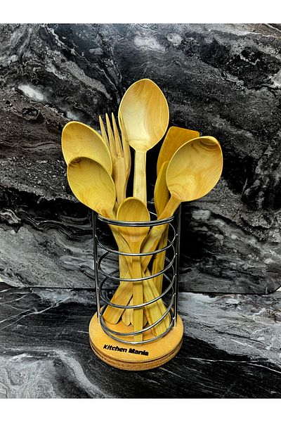 Kitchen Mania Boxwood Spoon Serving Utensil Set with Metal Stand-Wooden Spoon-Dowry Set