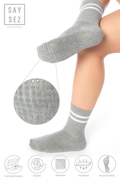SAYSEZ Bamboo Women's Anti-Slip Sole Silicone Print Pilates Yoga Fitness Dance Activity Gray Tennis Sock