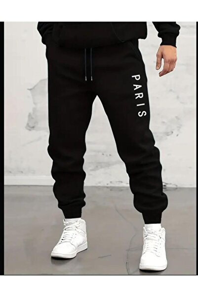 caddekombin Men's Paris Printed Jogger Regular Fit Fit Black Sweatpants