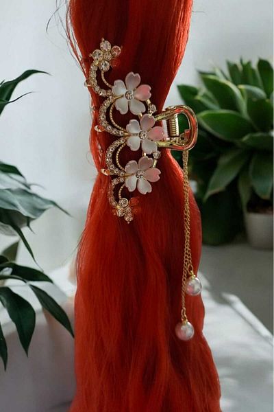 Öze Aksesuar Metal Pearl Tassel Buckle Pegs - Dangle Flower Detailed