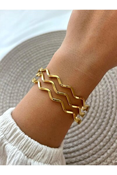 CASELN 22 Ayar Altın Kaplama ZikZak Kadın Bilezik Bileklik Kuyumcu Kalitesi 3 Adet Zigzag