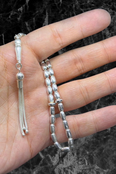 oya silver مسبحة فضية ذات حبيبات اسطوانة بيضاوية