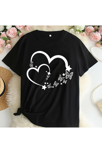 FECCY Tricou oversize din bumbac cu inimi și fluturi
