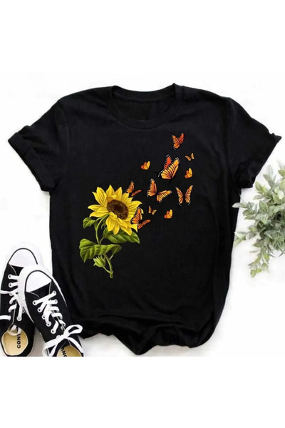 FECCY Tricou de damă din bumbac - Imprimeu confortabil Kawaii cu floarea-soar...