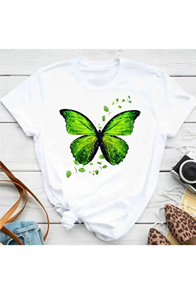 FECCY Tricou din bumbac pentru femei, cu imprimeu cu petale de fluture colora...