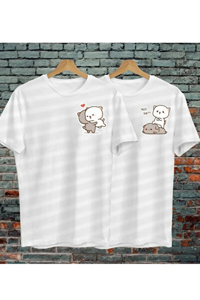 FECCY Tricou de cuplu din bumbac Dear Cats - Imprimat alb-negru, guler suprad...