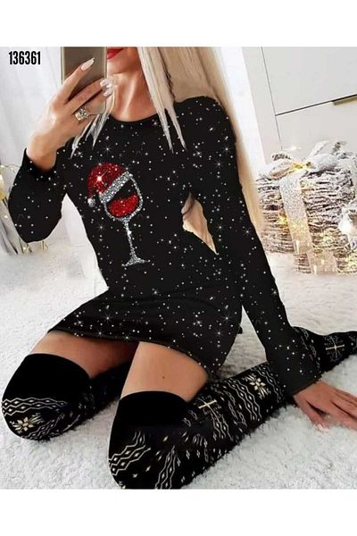 Cbm Women's Long Sleeve Stone Goblet Print Micro Mini Length Dress 136361