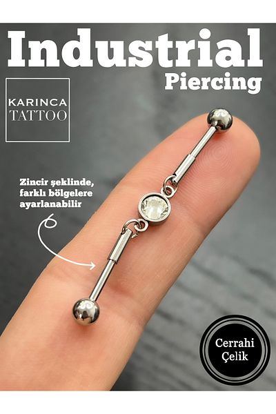 Karınca Piercing Aesthetic Chain Ear - Industrial Piercing with Double Helix Stone Detail