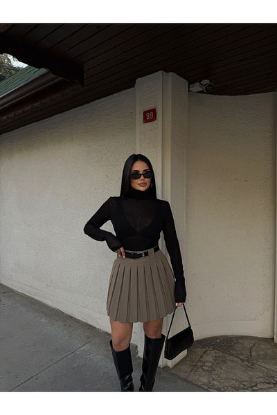 LB Laluna Butik Fusta de damă kaki cu talie înaltă plisată cu curea