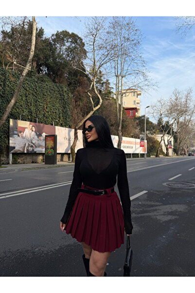 LB Laluna Butik Жіноча плісирована спідниця з високою талією та поясом бордового кольору