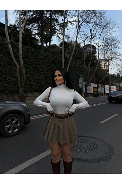 LB Laluna Butik Fusta plisată cu centură kaki pentru femei, cu căptușeală interioară, pantaloni scurți