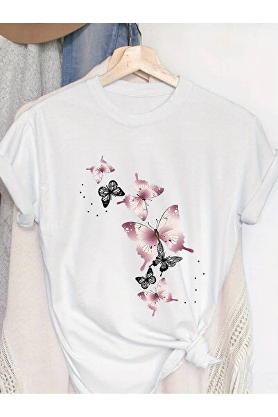 FECCY Tricou din bumbac cu imprimeu fluturi, mărime mare