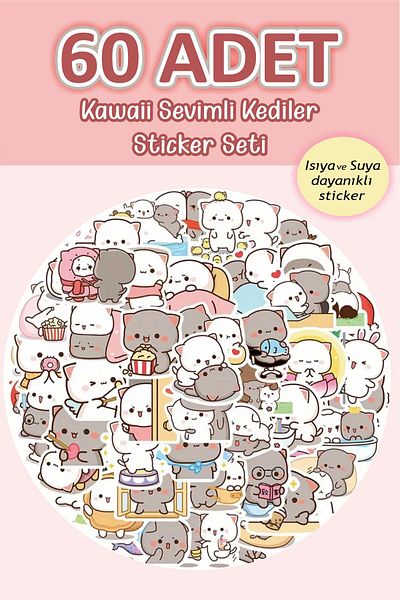 Piksel Grafik 60Pcs Anime Cats Sticker Set - Waterproof, Planner Laptop Phone Notebook