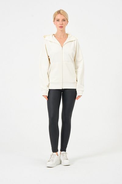 Maon Cream Printed Hooded Zippered Seasonal Oversize Sweatshirt