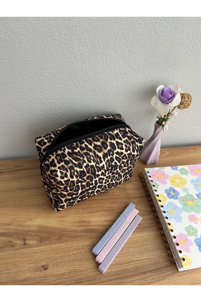 minyaturhayalim Leopar desenli ped çantası makyaj çantası astarlıdır yıkanabi...