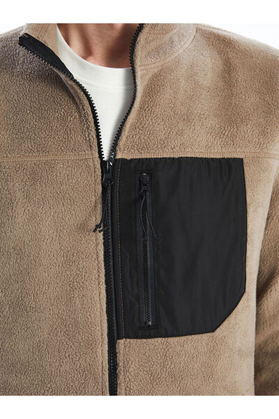 LC Waikiki Beige Mock Neck Long Sleeve Fleece Men's Zippered Sweatshirt