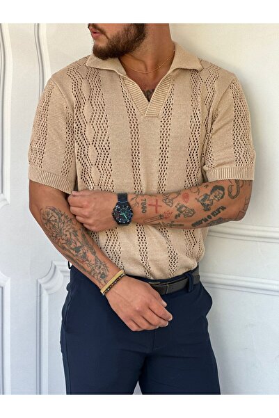 MODEFENDİ Tricou pentru bărbați, crem, model tricotat cu model, oversize