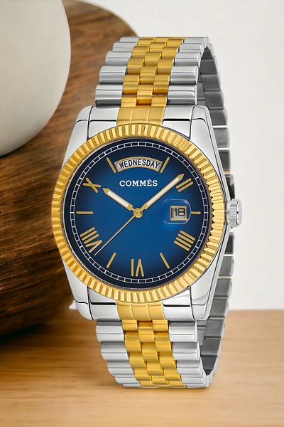 COMMES men's Wristwatch - Full Function Crono, Steel Cord, Gold-silver Color, Bracelet Zmcms034