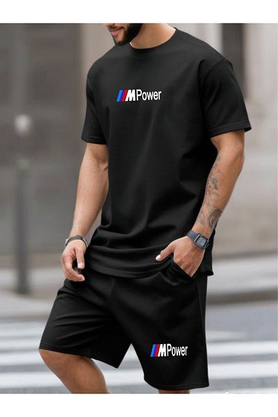 DEEPSENCE طقم تي شيرت وشورت أسود للرجال - طقم POWER مكون من قطعتين