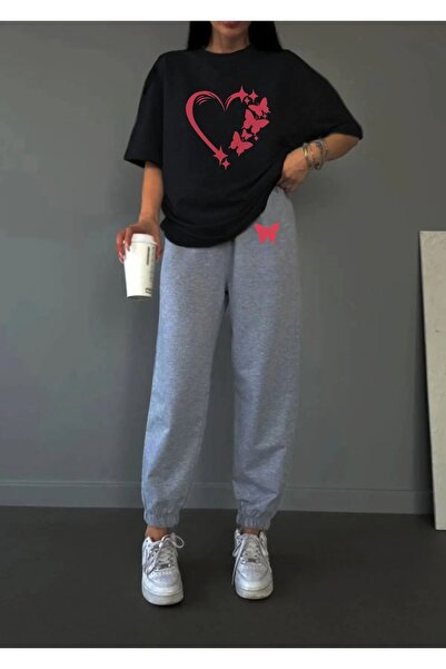 Pink Sky Heart Printed Butterfly Patterned Women's T-shirt and Jogger T-shirt - Crew Neck Tracksuit Set