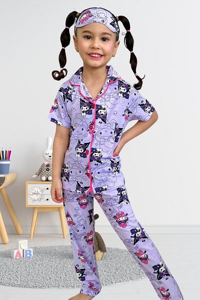 EQRU Kuromi Girl's Shirt Collar Buttoned Short Sleeve Lilac Pajamas Set