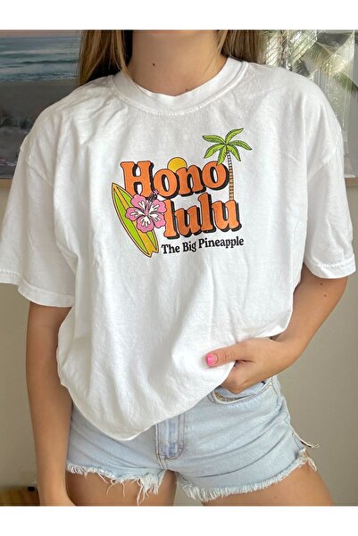 Jose Clothing Women's White Self Patterned Crew Neck Oversize Cut T-Shirt