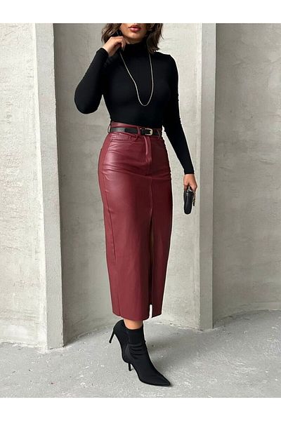 Lady Pixie Fusta midi cu fante din piele
