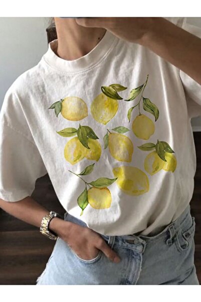 Jose Clothing Kadın Beyaz Kendinden Desenli Bisiklet Yaka Oversize Kesim T-shirt