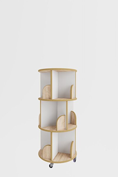 zeo wood design 360° Mdflam Dekoratif Döner Kitaplık - 103x45 Cm - Sonoma/beyaz