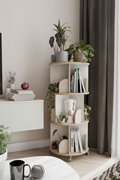 zeo wood design 360° Mdflam Dekoratif Döner Kitaplık - 103x45 Cm - Sonoma/beyaz