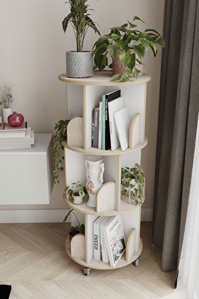 zeo wood design 360° Mdflam Dekoratif Döner Kitaplık - 103x45 Cm - Sonoma/beyaz