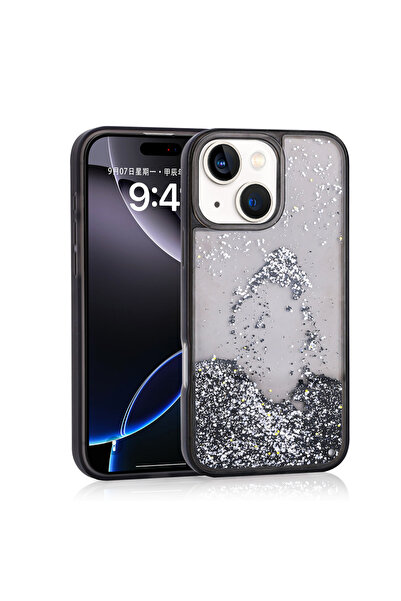 Nezih Case Apple iPhone 13 Kılıf Sıvı Simli Şeffaf Arka Yüzey Silikon Kapak