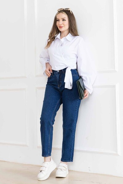 DESTEMODA Blugi Mom pentru femei, model Super Fit, albastru închis 2009